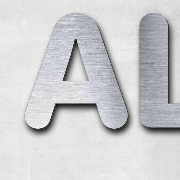 Schriftzug "ALF" in Schriftart "Classic", Acryl-Kunststoff in Edelstahl-Optik gebürstet - hochwertig