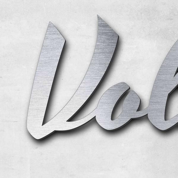 Schriftzug "Volks" in Schriftart "Retroracer", Acryl-Kunststoff in Edelstahl-Optik gebürstet - hochw