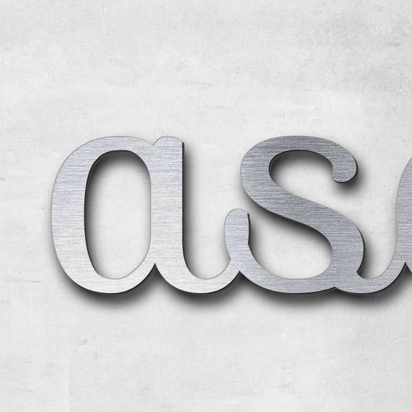 Schriftzug "asdf" in Schriftart "Autumna", Acryl-Kunststoff in Edelstahl-Optik gebürstet - hochwerti