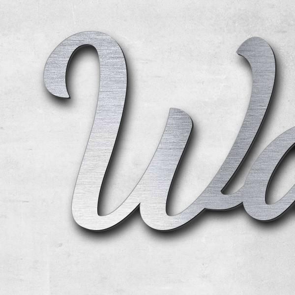 Schriftzug "Waldi" in Schriftart "Filigrano", Acryl-Kunststoff in Edelstahl-Optik gebürstet - hochwe
