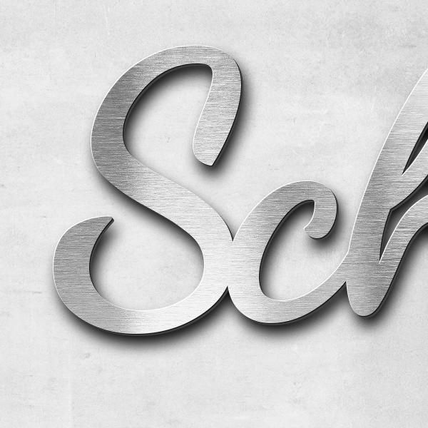 Schriftzug "Schwammbach" in Schriftart "Filigrano", Edelstahl V2A gebürstet - hochwertig & wetterbes