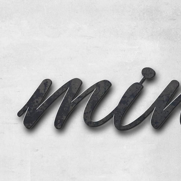 Schriftzug "minishop >" in Schriftart "Jessari", Cortenstahl unbehandelt - hochwertig & wetterbestän