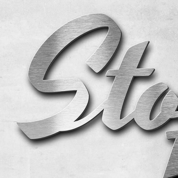 Schriftzug "Stofflbauer" in Schriftart "Retroracer", Edelstahl V2A gebürstet - hochwertig & wetterbe