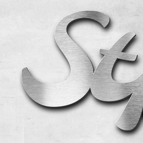 Schriftzug "Stjernehus" in Schriftart "Molarite", Edelstahl V4A gebürstet - hochwertig & wetterbestä