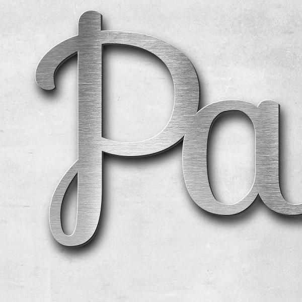 Schriftzug "Parva Str." in Schriftart "Autumna", Edelstahl V2A gebürstet - hochwertig & wetterbestän