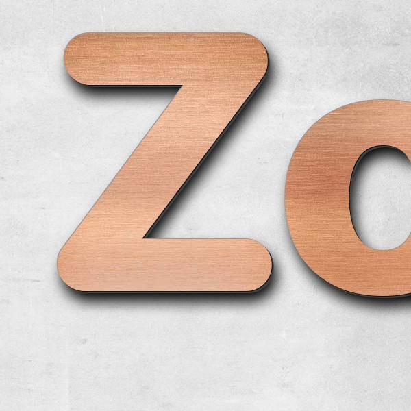 Schriftzug "Zonker - Hilgert" in Schriftart "Classic", Acryl-Kunststoff in Kupfer-Optik gebürstet - hochwertig & wetterbeständig