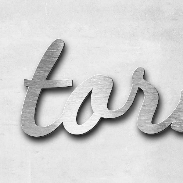 Schriftzug "tornado" in Schriftart "Filigrano", Edelstahl V2A gebürstet - hochwertig & wetterbeständ