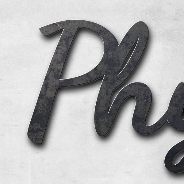 Schriftzug "Physiotherapie" in Schriftart "Filigrano", Cortenstahl unbehandelt - hochwertig & wetter